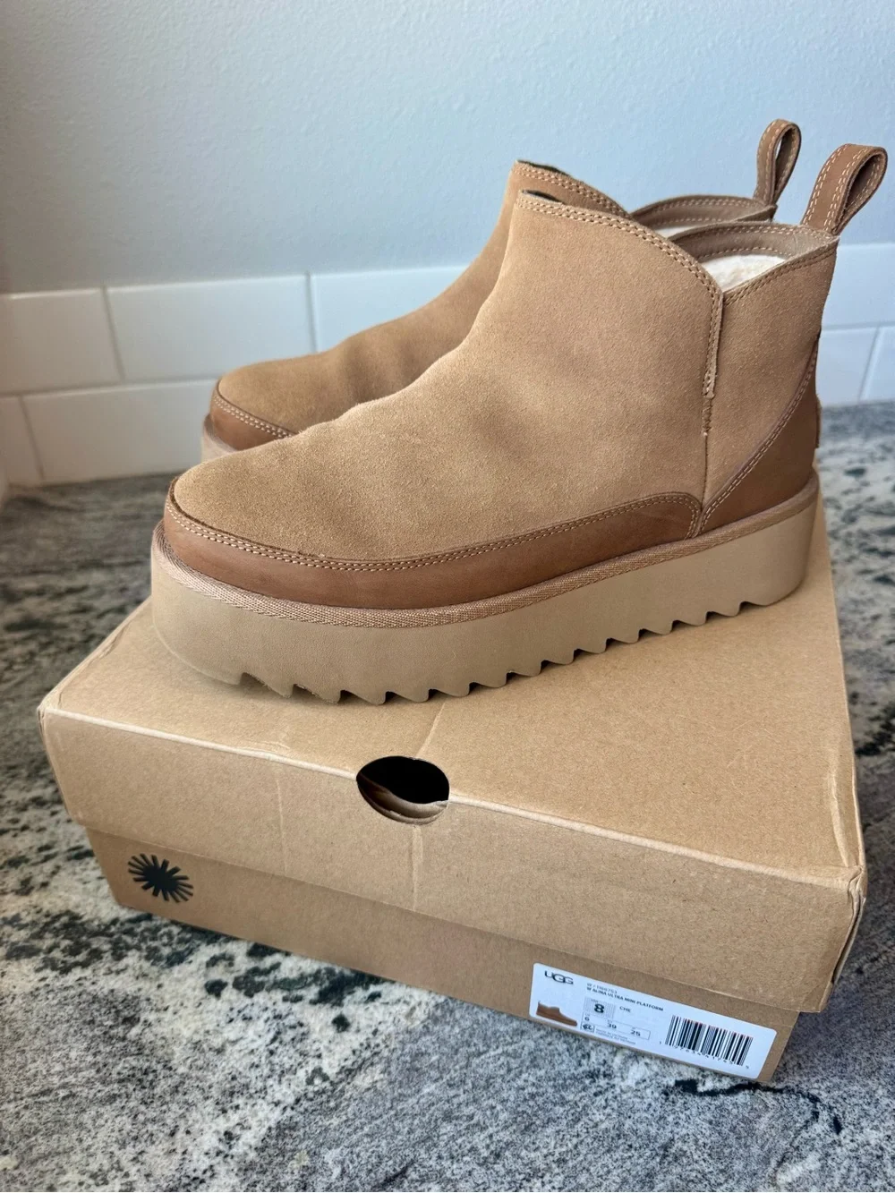 UGG Tan Suede Platform Chelsea Booties